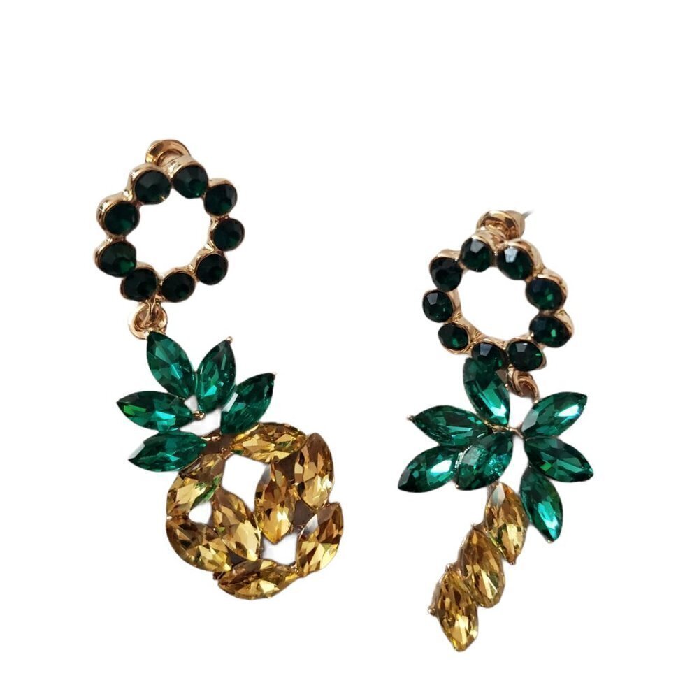 Womens Green Yellow Pineapple Palm Tree Rhinestone Dangling Earrings Jewelry